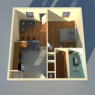 A computer rendering of our 1-bedroom King units featuring a fully-equipped, modern kitchen, beautiful hardwood floors and a ...