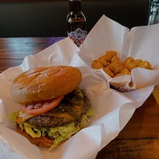 Juicy Cheeseburger and tots.  Mmmm