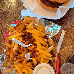 Cheese fries and burger.