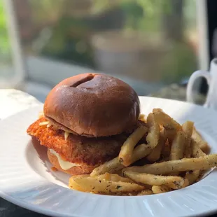 a chicken sandwich and french fries