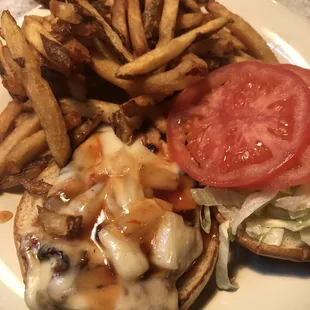 a cheeseburger and fries