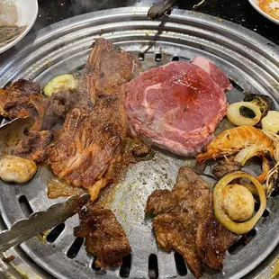 Spicy marinated LA short ribs, ny steak, shrimp