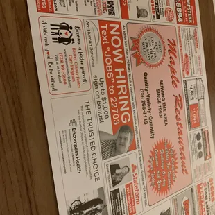 the menu for the restaurant