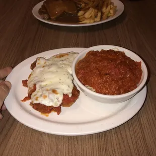 Chicken Parmigiana w/Spaghetti and Famous Hot Beef
