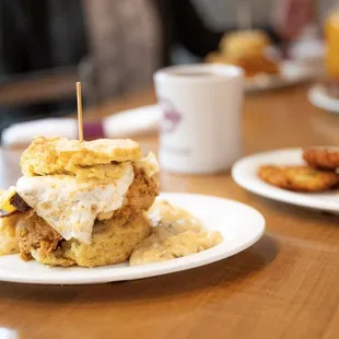 The Five &amp; Dime - freid chicken, sausage (or shiitake) gravy, bacon, cheddar, and an egg on a scratch-made biscuit - Our most popular item!
