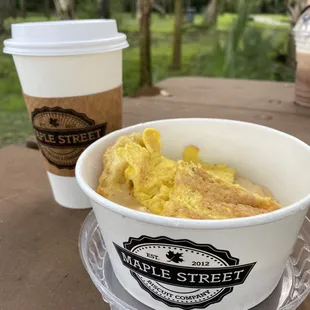 Maple mocha latte and Risky Biscuit w/shiitake mushroom gravy (took mines to go at the park).