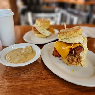 two plates of biscuits and a cup of coffee