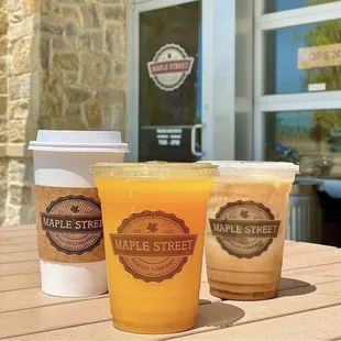 - Fresh Squeezed Orange Juice  - Hot Maple Mocha Latte  - Iced Maple Vanilla Bean Latte