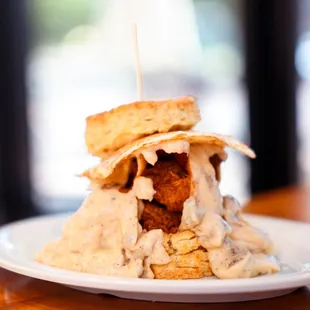 Five &amp; Dime: Hand-battered fried chicken, bacon, cheddar, scratch-made gravy, an egg your way, all inside a scratch biscuit.