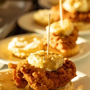 A line of Squawking Goat biscuit sandwiches being prepared for guests.