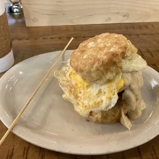 Chicken Biscuit with egg cheese and shiitake mushroom gravy.