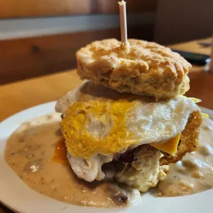 Cowboy biscuit.  Egg, country fried steak, Applewood bacon, sausage gravy, and fresh biscuit.