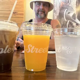 Cold brew sweet cream coffee, fresh squeezed OJ &amp; water