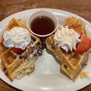 Child size chocolate chip waffles- fresh whipped cream.