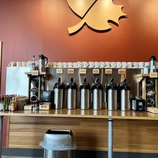 Coffee and hot sauce station.