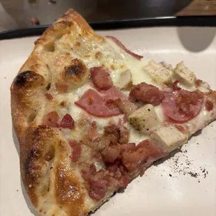 White sauce chicken pizza with Canadian bacon &amp; chopped bacon.