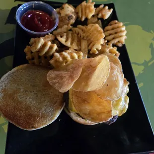 Nom nom burger and waffle fries