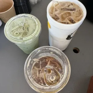 An iced vanilla matcha green tea (with almond milk), an specialty iced coffee drink, and my 1-shot Iced Americano.