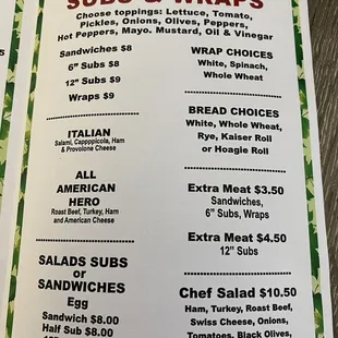 Sandwich &amp; salad menu as of 7-24-24