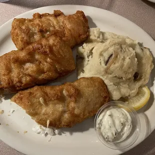 Beef battered cod and mashed potatoes