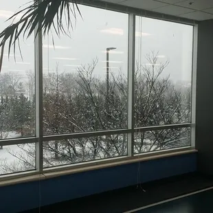 The view from the fitness center while working out during the snow.