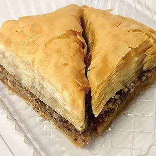 Baklava- a dessert made of phylio pastery filled with chopped nuts and soaked in honey