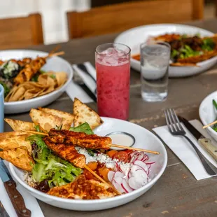 plates of food and drinks