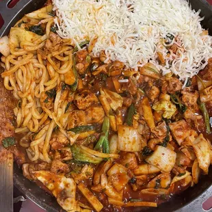 a skillet of food on a table