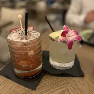 Hibiscus - Dragonfruit Margarita (left) Mar y Sol Margarita (right)