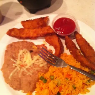 Chicken Strips with rice &amp; beans instead.