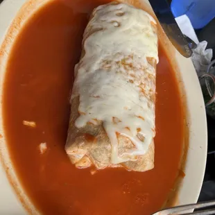 El Pastor Burrito with Red Sauce added