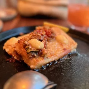 Saganaki - think deep fried cheese topped with Ho Farms zucchini, peppers, eggplant. YUM.