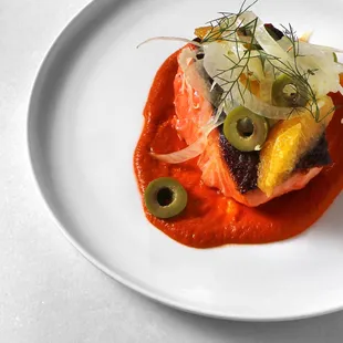 Ocean Trout: Romesco, Fennel, Castelvetrano Olives, Orange photographed by @damoneats