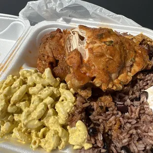 Rice and beans, stewed chicken and Mac salad