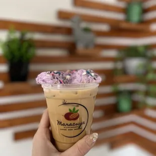 Iced white mocha with lavender whipped cream