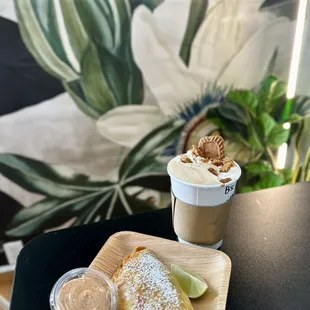 Beef empanada &amp; their season Biscoff latte