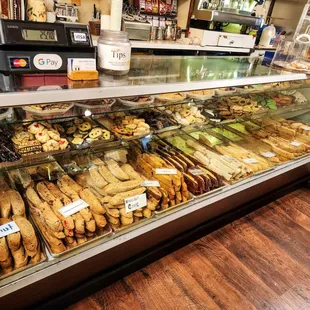 a display case full of baked goods