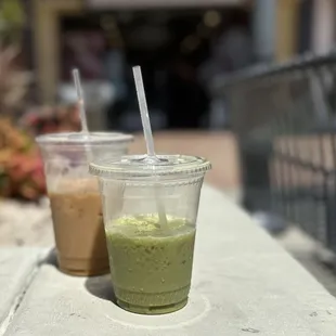 caramel macchiato, matcha latte, both with non-dairy milk