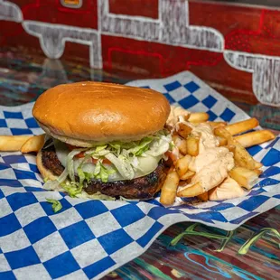 Marathon burgers with 100% beef patties and marathon sauce-fries.