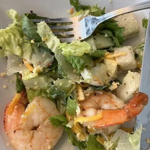Control Freak Salad- Large shrimp (yum!), romaine, Jack cheese, croutons, Cucumber, Avocado Ranch dressing