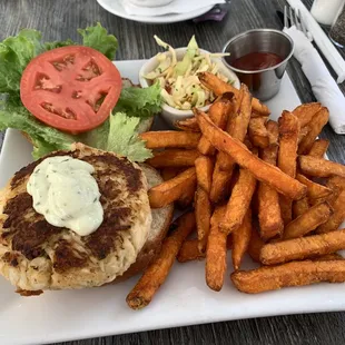 Crab cake sandwich, sweet potato fries, cole slaw