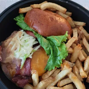 Turkey and Grain Burger with slices apples, bacon and cheese