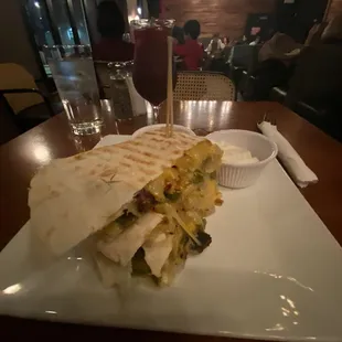Blackened chicken quesadilla with a blackberry margarita to wash it down. Hearty and delicious!