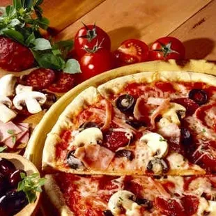 a pizza on a wooden table
