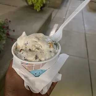 Coffee and butter pecan ice cream. With waffle pieces, extra pecans, oreo cookies, and caramel!