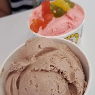 Chocolate Swiss and pink bubble gum with gummy bears