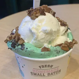 Mint Oreo with a scoop of sweet cream topped with pecans