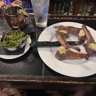 Half rack of lamb with Dijon and herb breadcrumb crust &amp; Broccolini with a watermelon mule