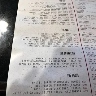 Wines menu