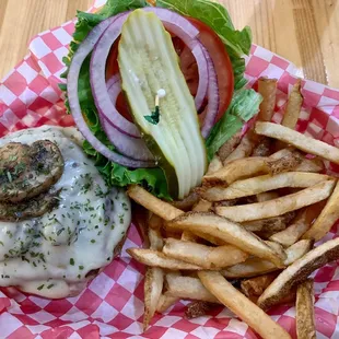 My Mushroom Burger came with the fix-ins and fries in a little basket.